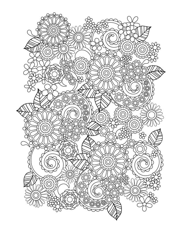 Coloring pages for adults: Flowers, printable, free to download, JPG, PDF