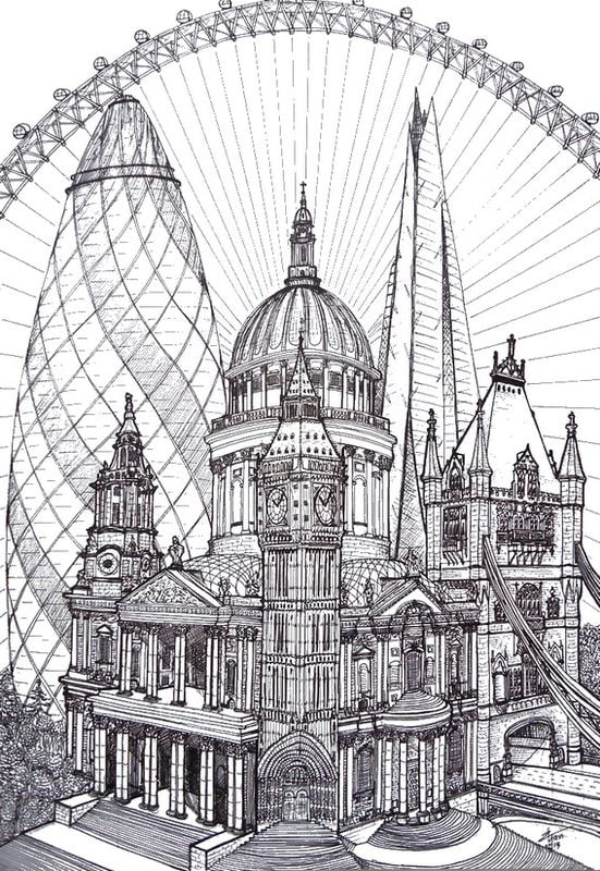 Coloring pages for adults: London, printable, free to download, JPG, PDF
