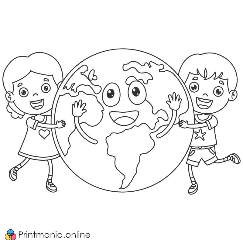 Online coloring page: Children hug the Earth