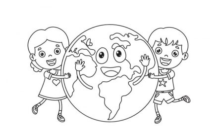 Online coloring page: Children hug the Earth