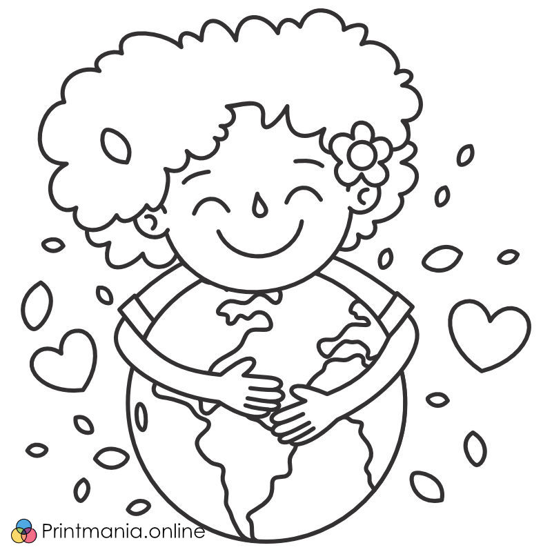 Online coloring page: Joyful girl and Earth
